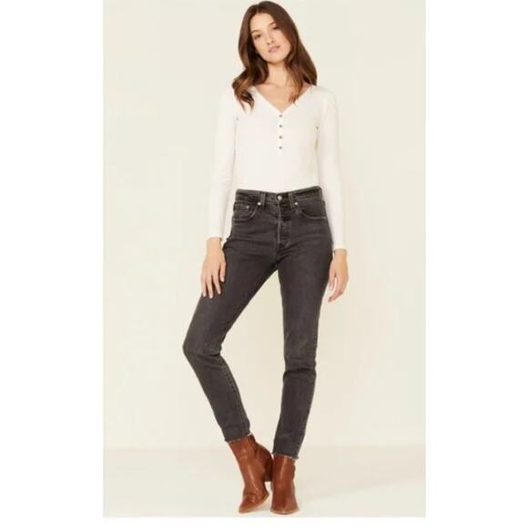 Levi's Denim - Levi's 501 Skinny Denim Jeans Washed Black 26 Button Fly‎ Frayed Hem Classic